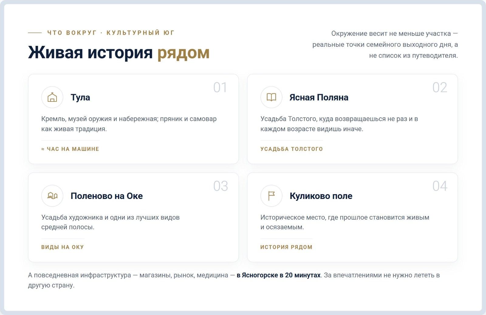 Живая история рядом с Lakeside: Тула, Ясная Поляна, Поленово на Оке и Куликово поле, а повседневная инфраструктура — в Ясногорске в 20 минутах