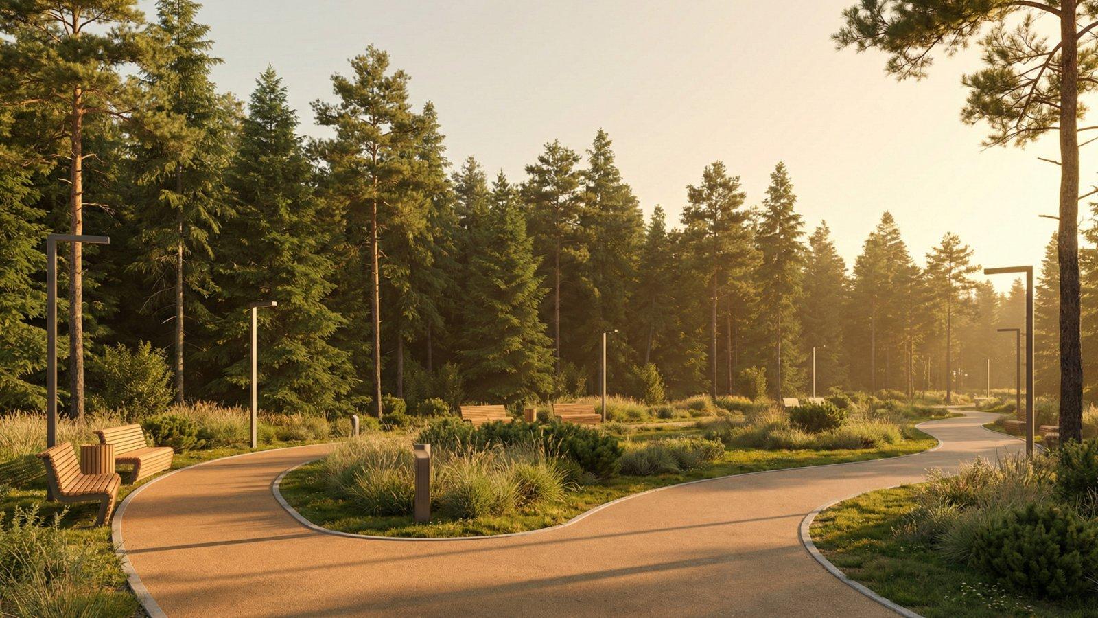 Прогулочные дорожки в вековом лесу Lakeside на закате — природа здесь не фон, а часть каждого дня